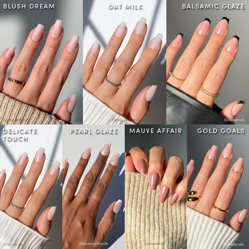 Eight manicured hands showcase glamnetic Medium Coffin Icons press-on nails in pink, cream, neutral, and mauve shades with glossy finishes. Styles include minimalist designs and modern French tips. Each hand is labeled by nail style.